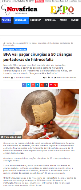 BFA Vai Pagar Cirurgias a 50 Crianças Portadoras de Hidrocefalia - Novafrica